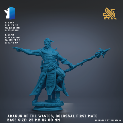 The image is a 3D model of a blue warrior figure, specifically the Arakun of the Wastes, a Colossal First Mate, with a base size of 25 mm or 60 mm.