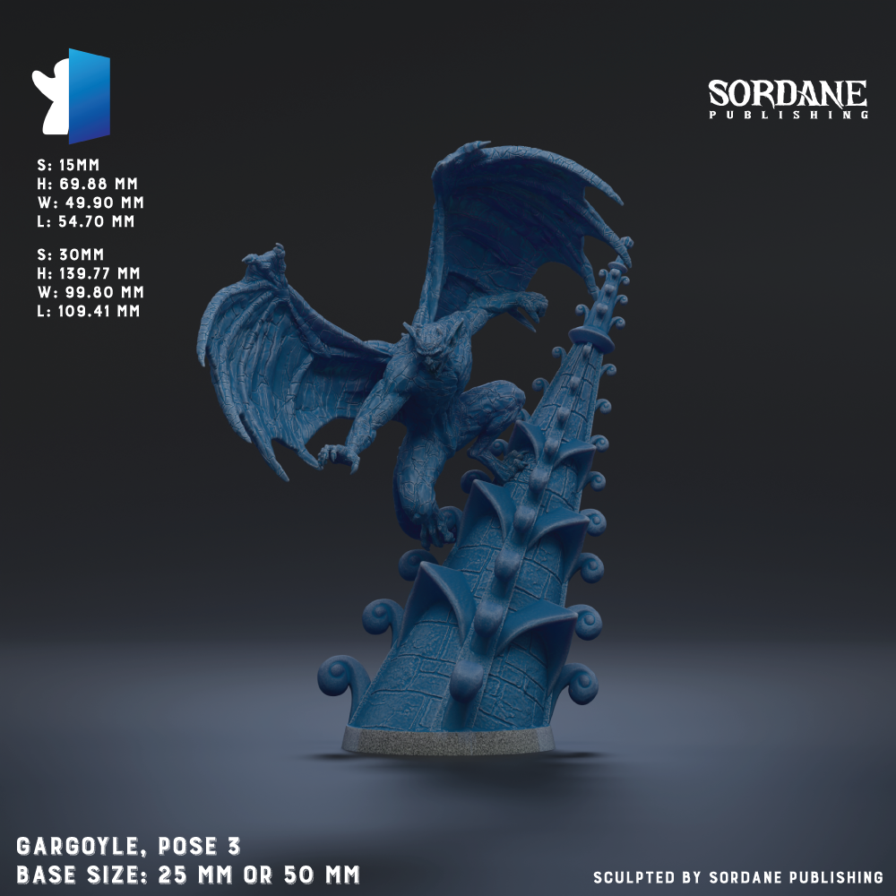 The image is a detailed 3D rendering of a blue dragon-like creature with wings spread wide, standing on a pedestal or base. The creature appears to be posed in a dynamic, action-packed stance. The image is described as a "gargoyle, pose 3" and is shown in a base size of 25mm or 50mm. The image is published by Sordane Publishing.