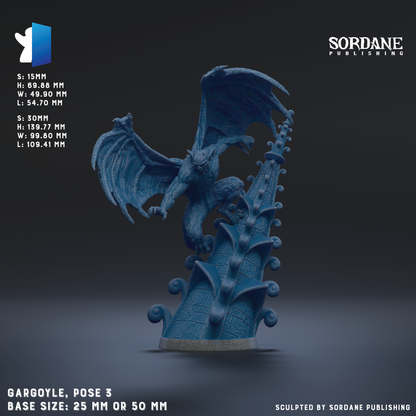 The image is a detailed 3D rendering of a blue dragon-like creature with wings spread wide, standing on a pedestal or base. The creature appears to be posed in a dynamic, action-packed stance. The image is described as a "gargoyle, pose 3" and is shown in a base size of 25mm or 50mm. The image is published by Sordane Publishing.
