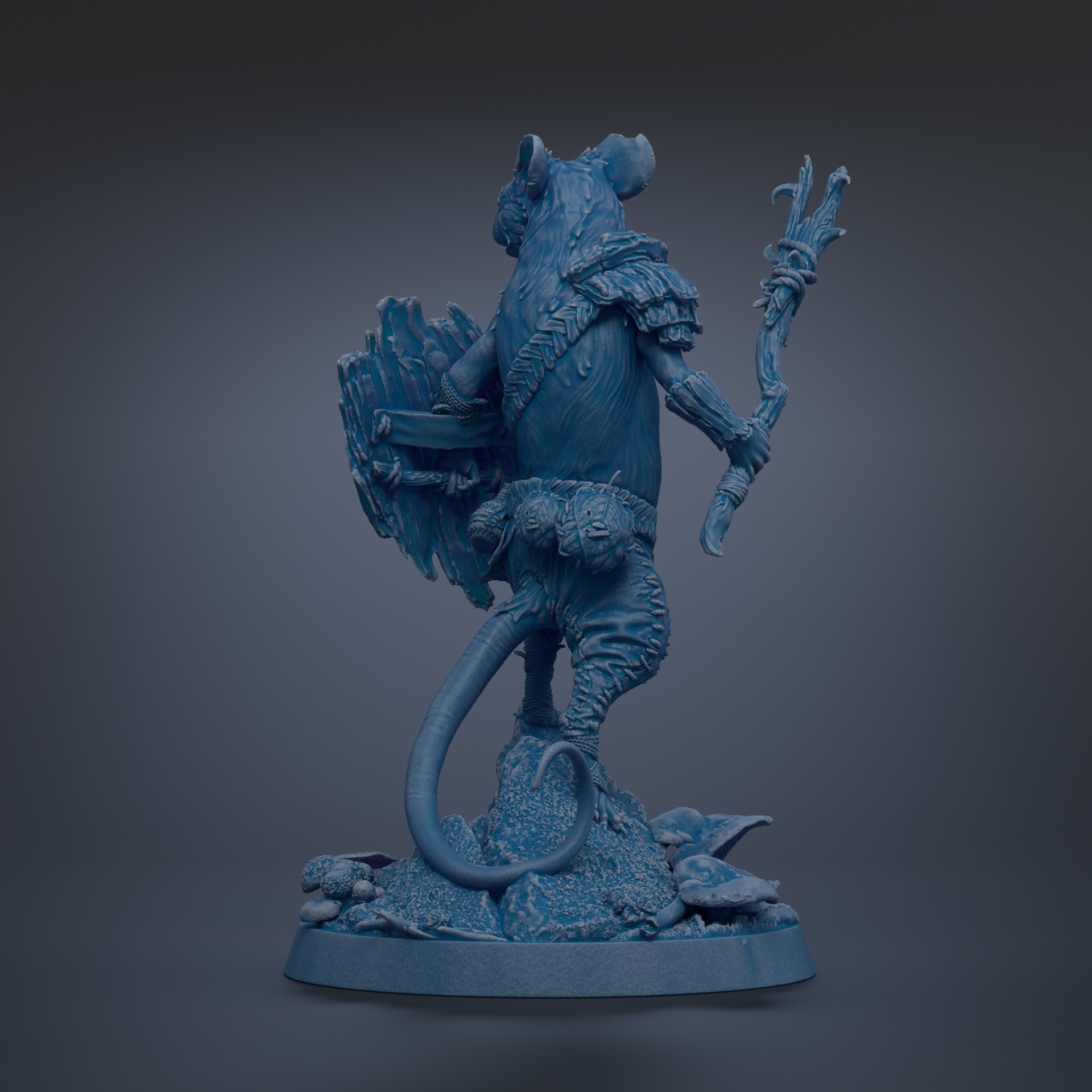 A blue, 3D-rendered statue of a fantastical creature with a large head, long tail, and a staff, standing on a rocky base.
