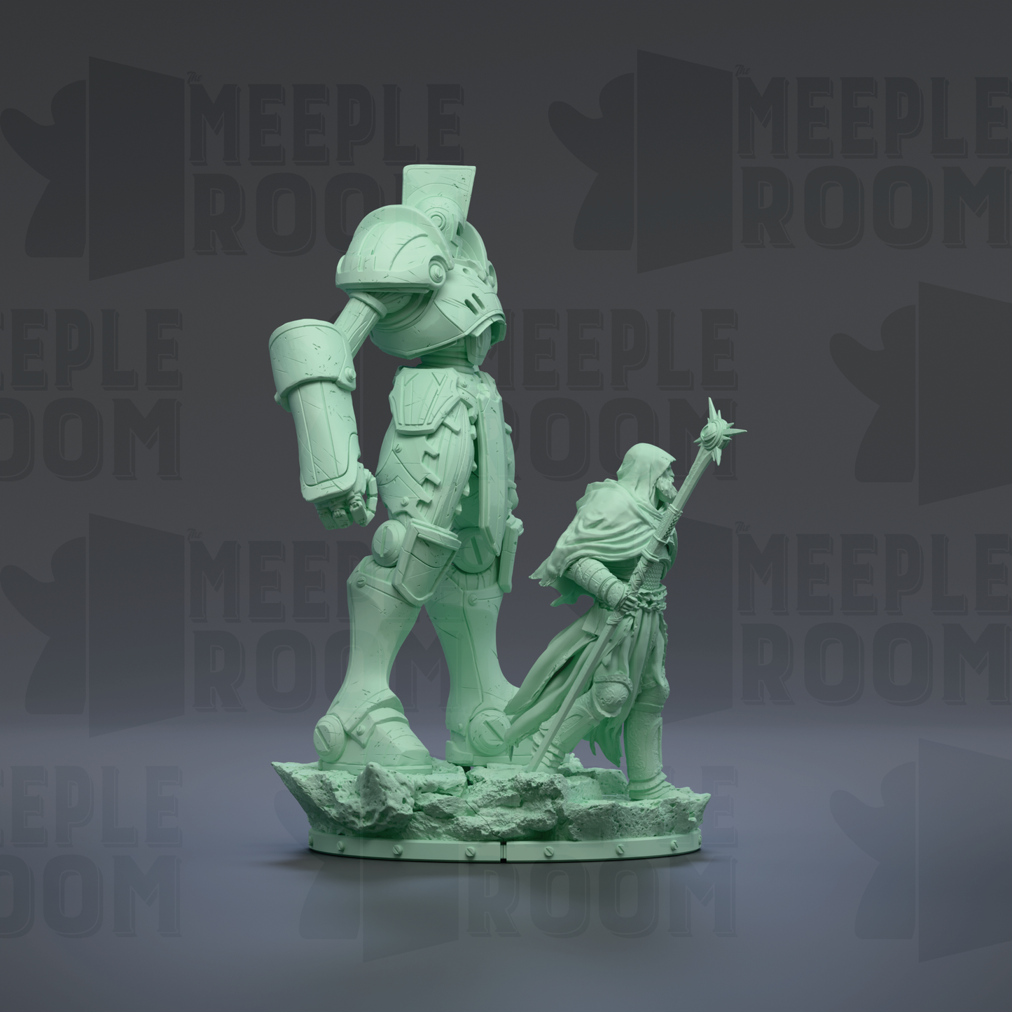 A green statue of a warrior figure standing next to a smaller figure, both holding weapons, against a dark background with repeated text.
