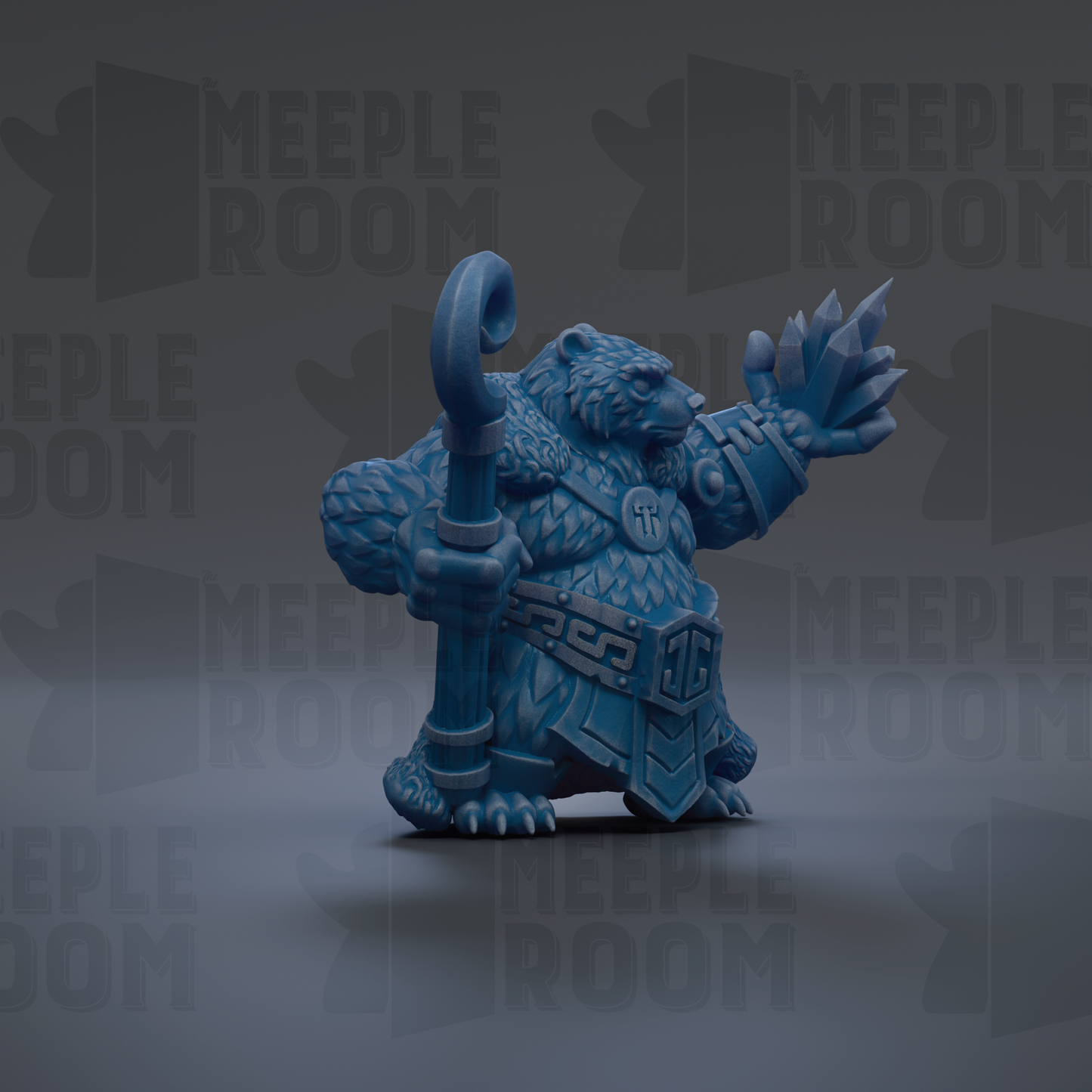 A blue, 3D-rendered fantasy character with a large head, holding a staff and a weapon, standing against a dark background with repeated text.