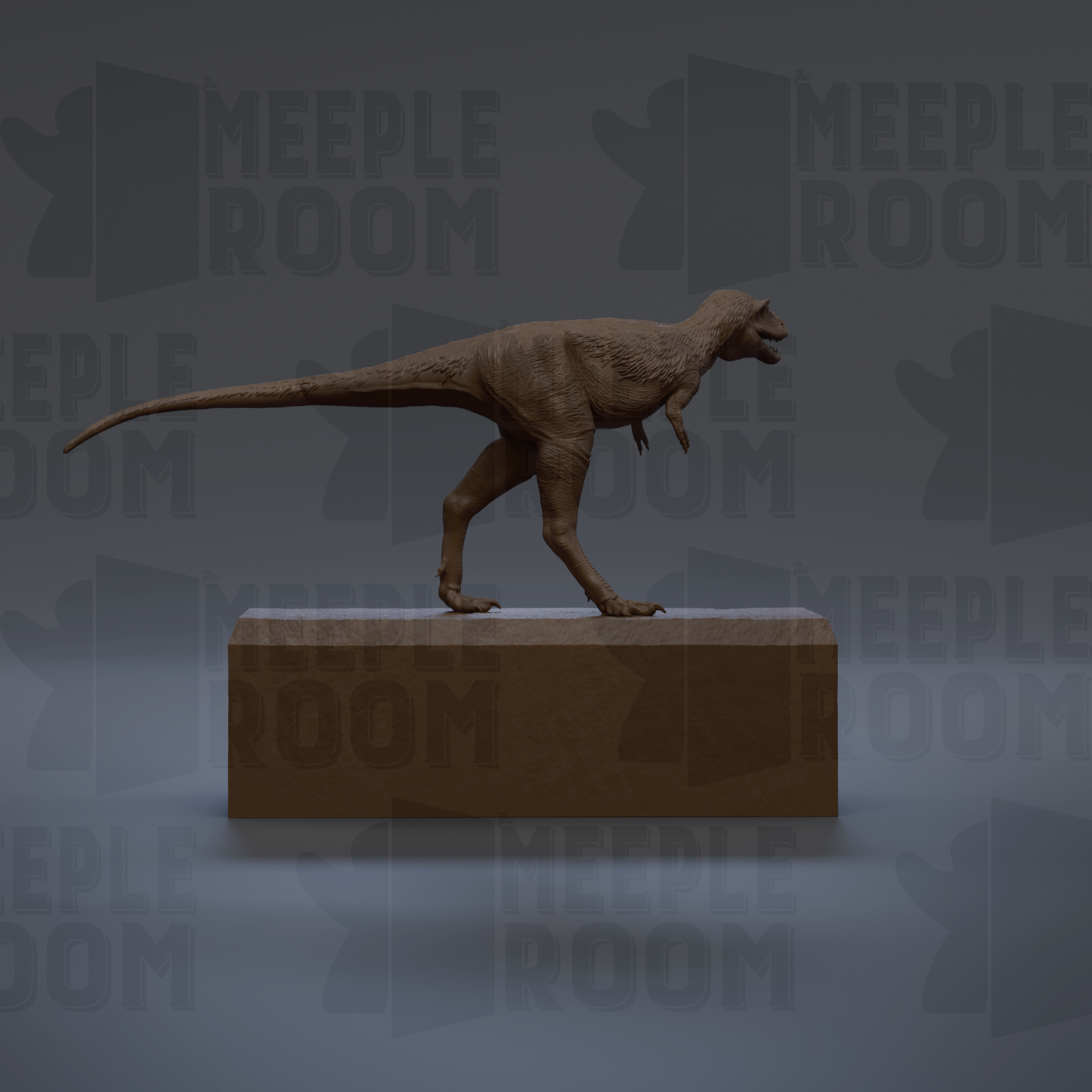 A 3D rendering of a T-Rex dinosaur statue standing on a rectangular platform.