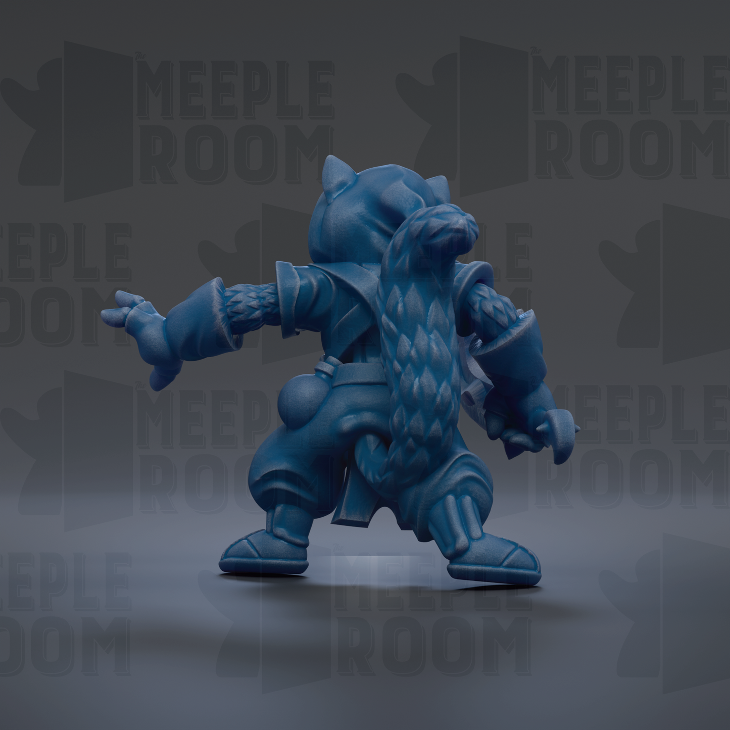 A blue, cartoonish-looking character with a long beard and a large head, standing in a dynamic pose against a dark background with repeated text.