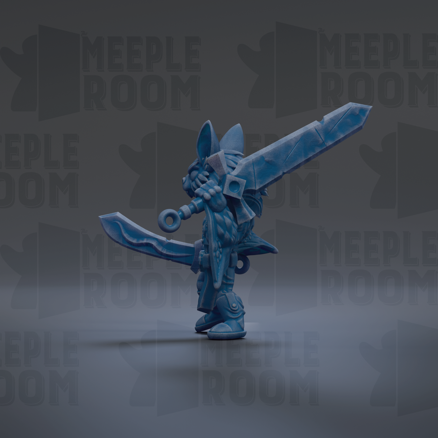 A blue, 3D-rendered character holding a large sword and shield stands in the center of the image against a dark background with repeated text.