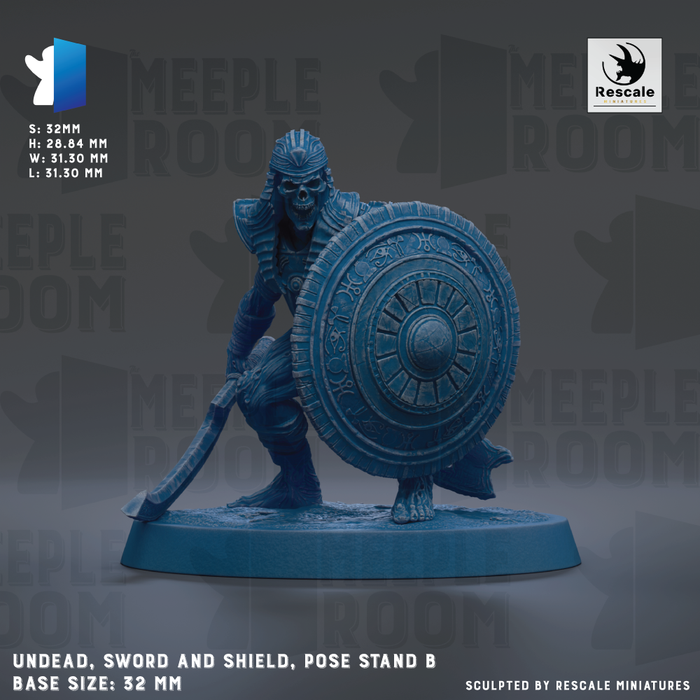 a figurine of a warrior character, including a sword, shield, and armor, posed on a stand.