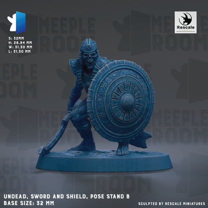 a figurine of a warrior character, including a sword, shield, and armor, posed on a stand.