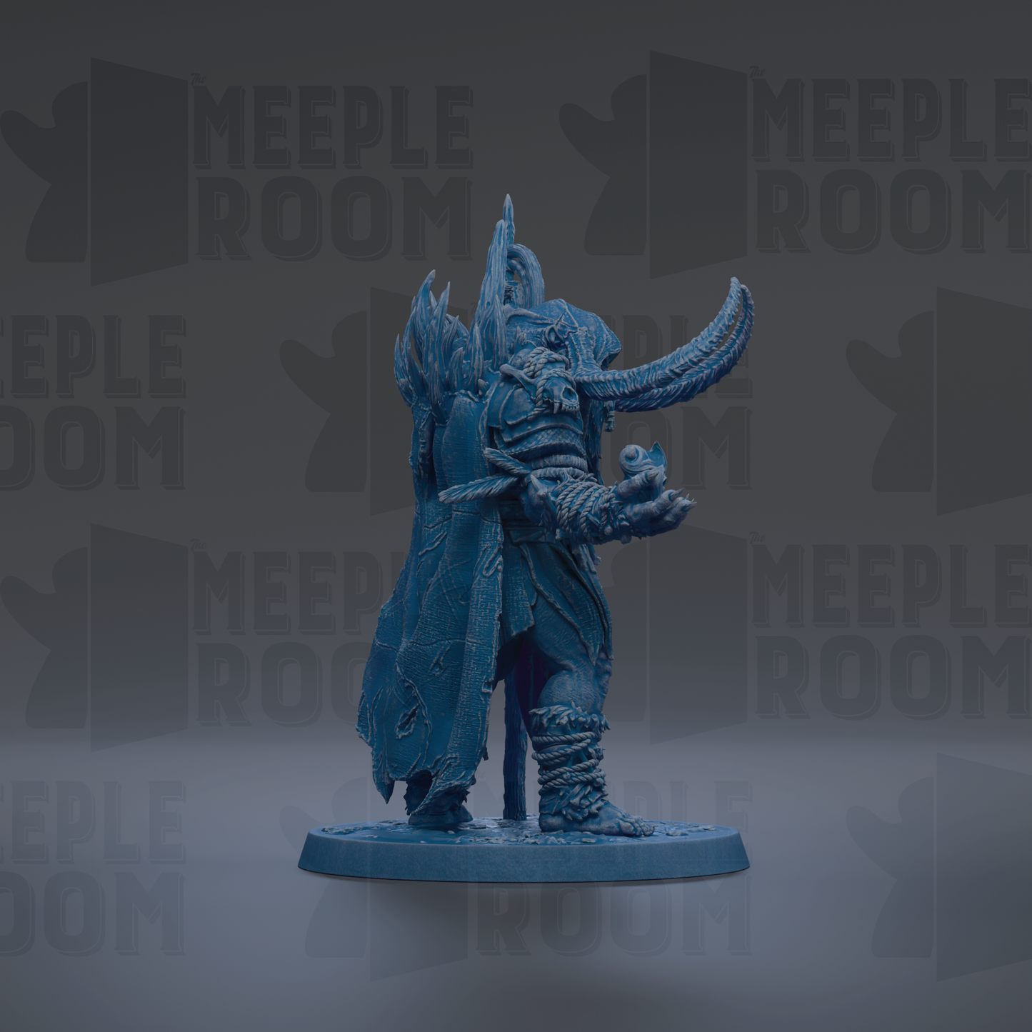 A blue figurine of a warrior standing on a base, with a textured, armored appearance.