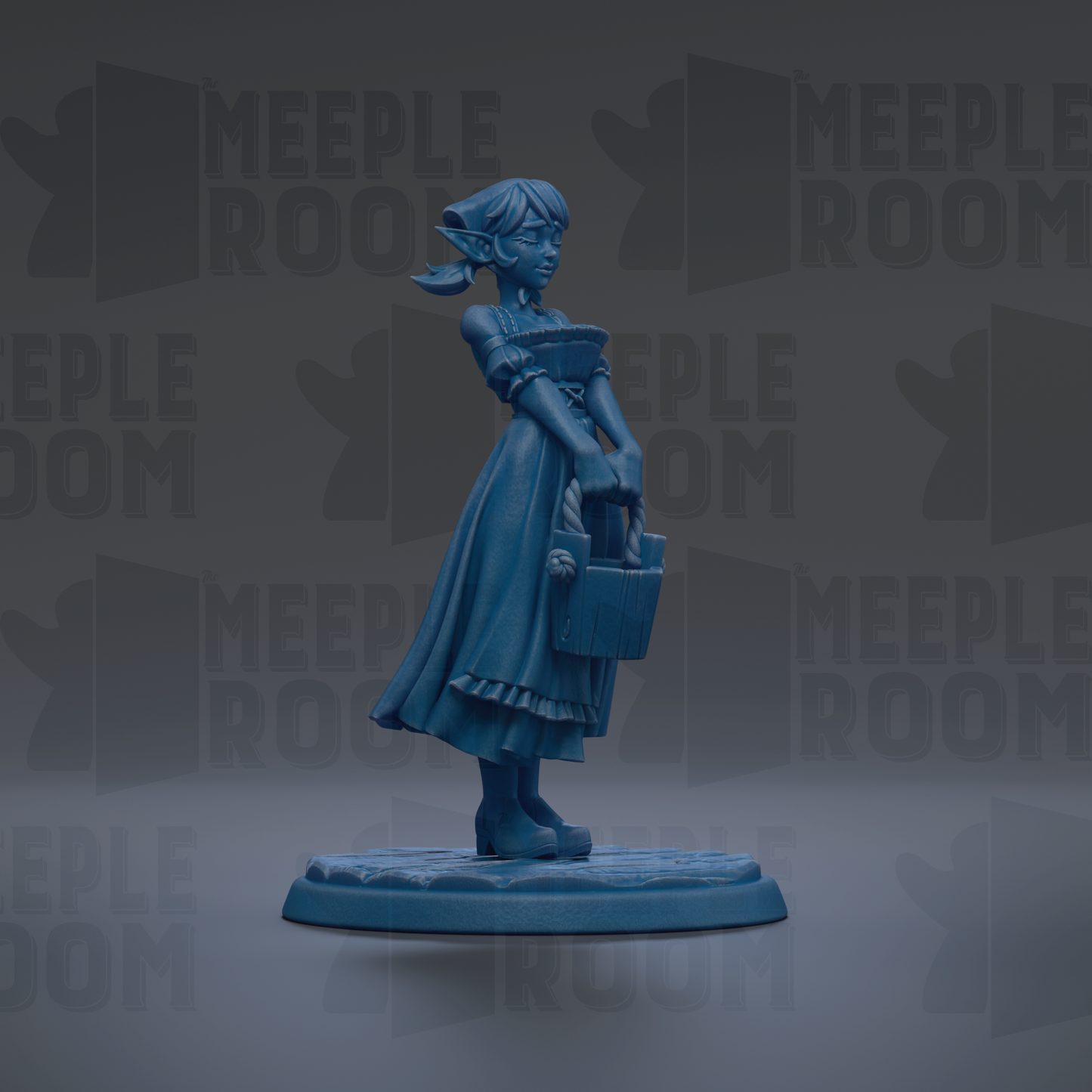 A blue figurine of a woman standing on a base, holding a bag.