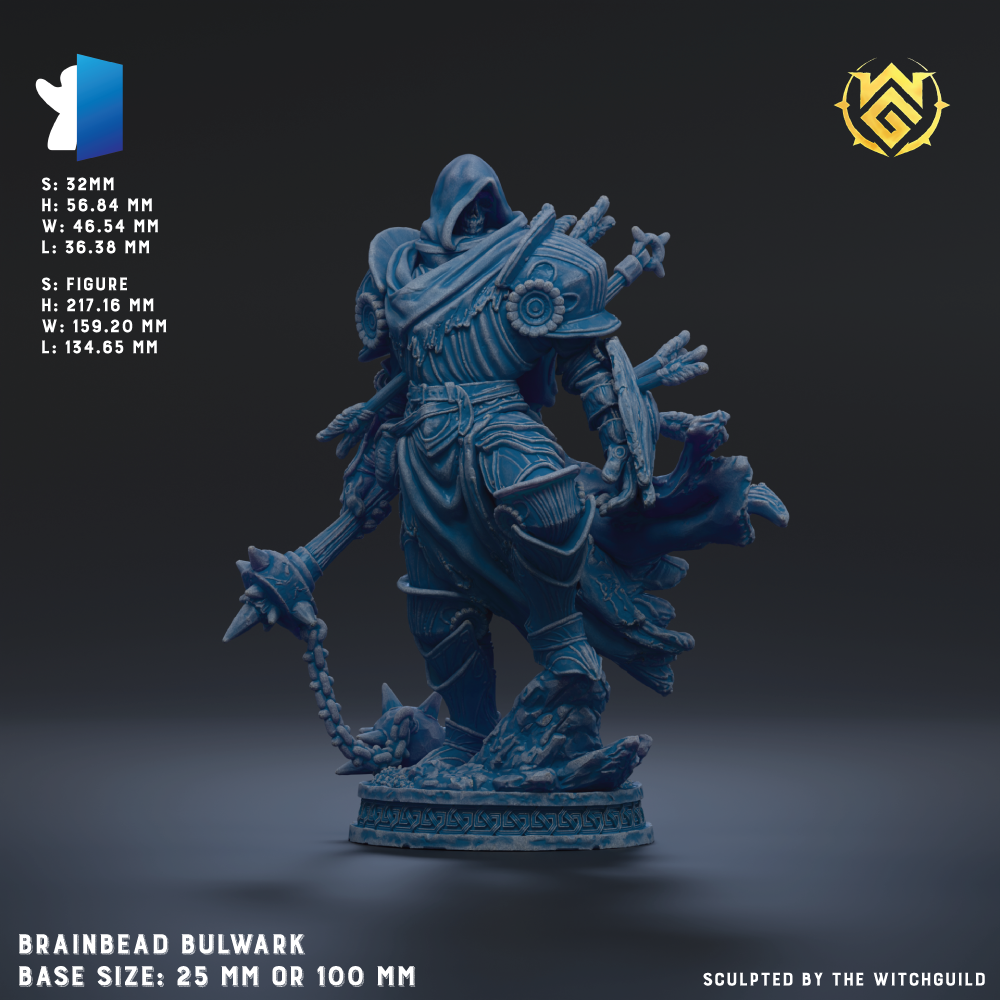 The image is a 3D rendering of a blue armored figure, likely a character from a fantasy or science fiction game. The figure is depicted in a dynamic pose, with a sword in hand and a chain around its neck. The figure is shown in a base size of 25mm or 100mm, depending on the perspective. The image is described as a "Brainbeard Bulwark" and is "sculpted by The Witchguild".