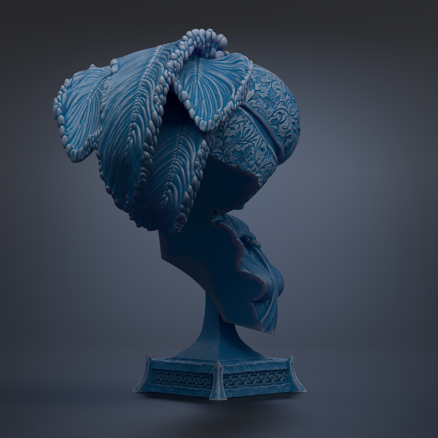 A blue, ornate bust sculpture with intricate patterns and designs, displayed on a pedestal.