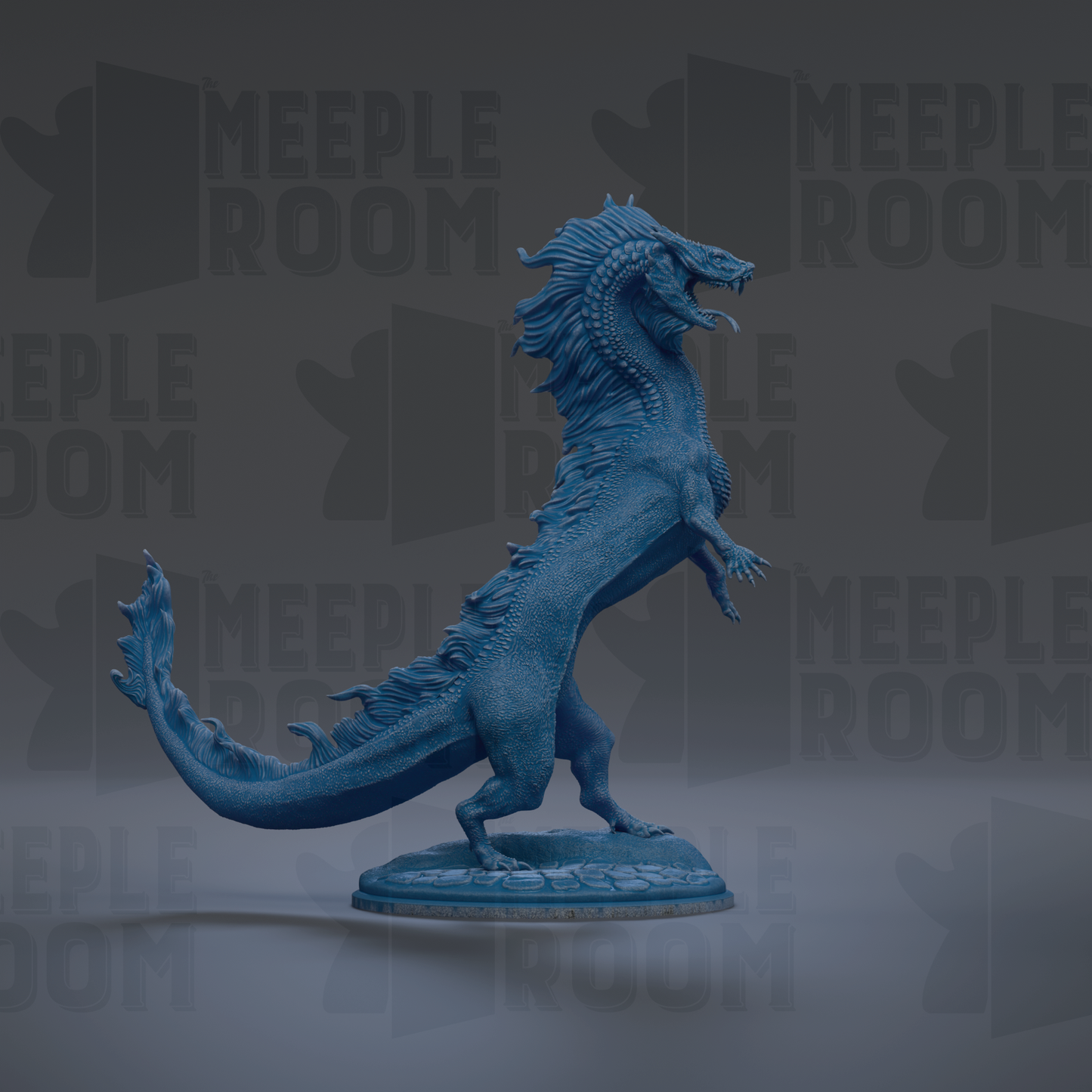 A blue, 3D-rendered dragon statue is standing on a base against a dark background with repeated text.