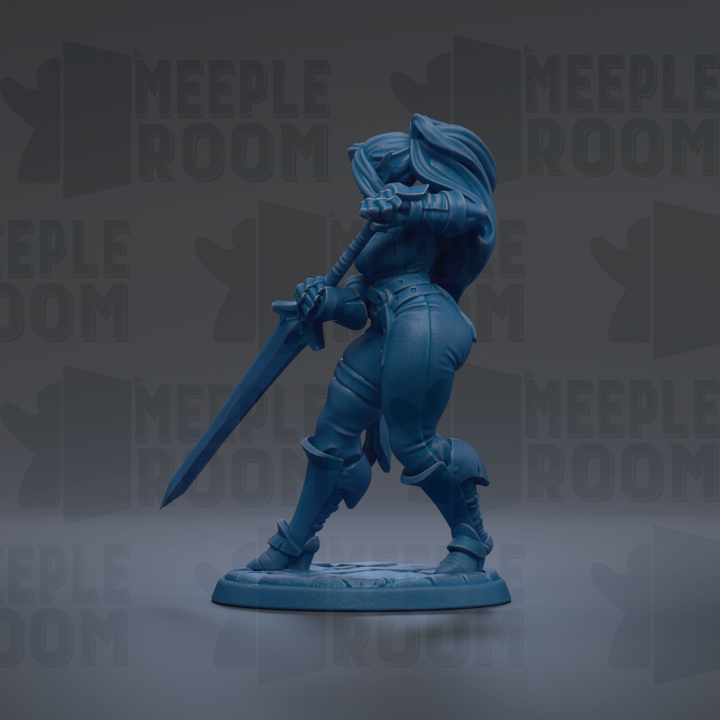 A blue figurine of a female character holding a sword and standing in a fighting stance.