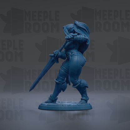 A blue figurine of a female character holding a sword and standing in a fighting stance.