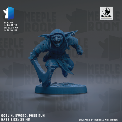 The image is a 3D model of a blue-colored humanoid character, possibly a dwarf or a monster, posed in a dynamic running position. The character is holding a sword in its hand. The background of the image is dark, which contrasts with the character and makes it stand out. The image is described as a "Goblin, Sword, Pose Run" and is shown in various sizes, ranging from 25 to 36.6 millimeters. The image is described as a "Collage of multiple images" and is "Sculpted by RESCALE MINIATURES".