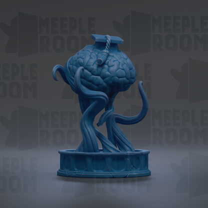 A blue, abstract sculpture resembling a brain or skull, with a curved, organic shape and a pointed top, set against a dark background with repeated text.