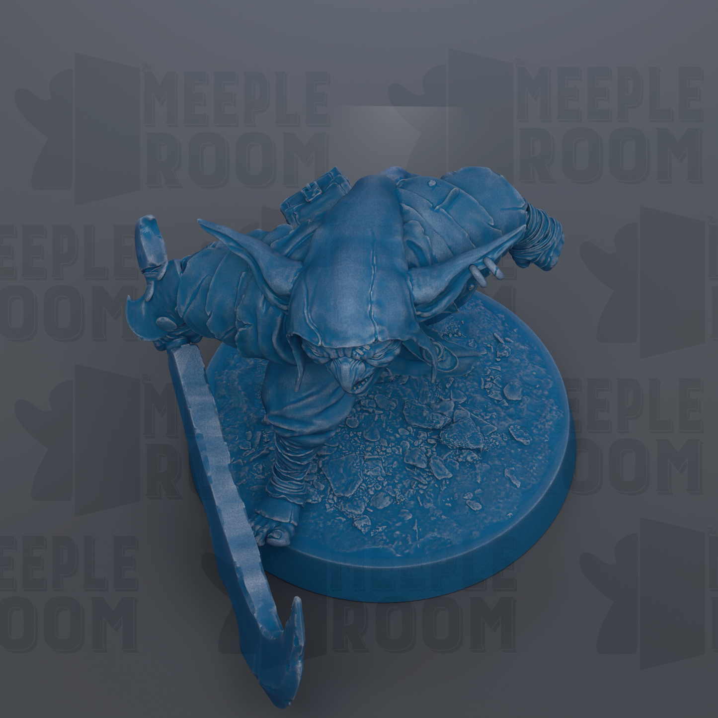 A blue figurine of a creature with horns and a long tail, standing on a blue base.