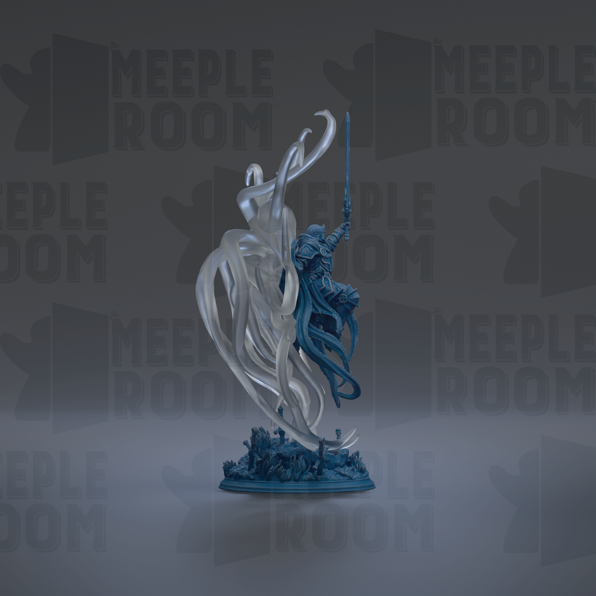 A 3D rendering of a blue and white statue of a figure holding a sword, standing on a base and surrounded by abstract shapes and lines.