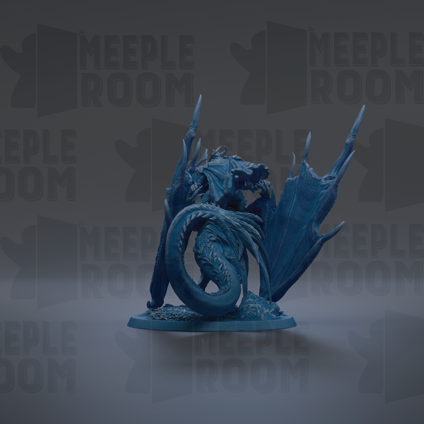 A blue dragon figurine is displayed against a dark background with repeated text.