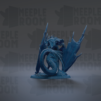 A blue dragon figurine is displayed against a dark background with repeated text.