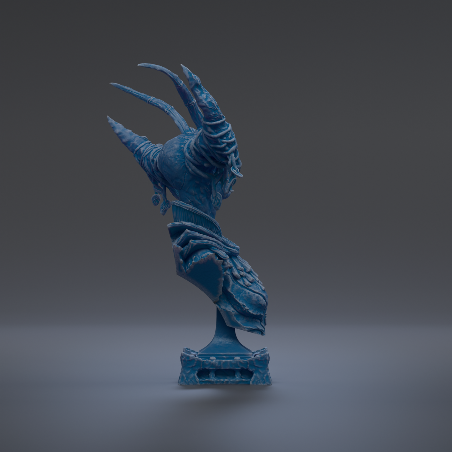 A blue, abstract sculpture with a unique, organic shape stands on a base against a dark background.