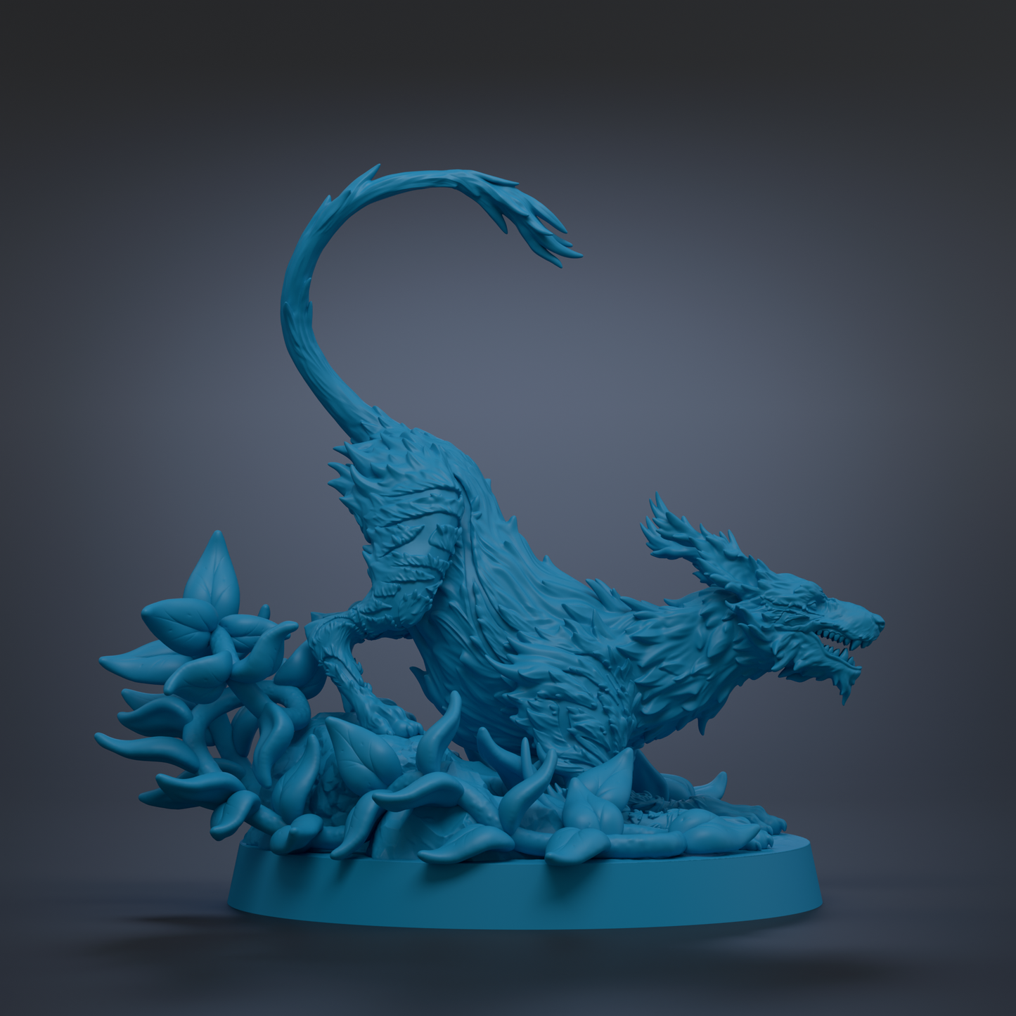 A 3D rendering of a blue, fantastical creature with a long, flowing tail and sharp teeth, standing on a base and surrounded by other similar creatures.