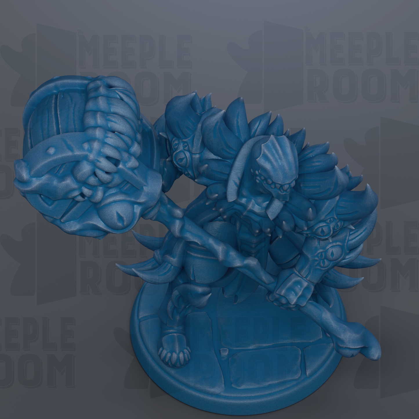 A blue figurine of a warrior-like character with a large weapon and intricate armor, set against a dark background with repeated text.