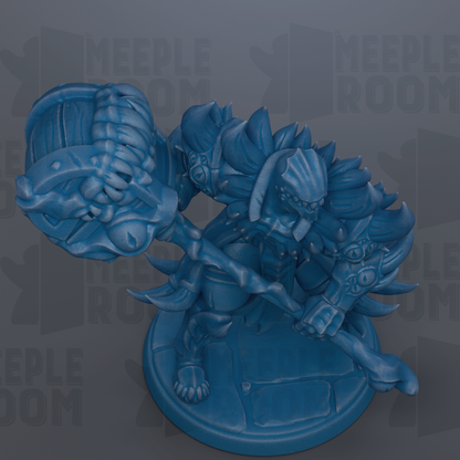 A blue figurine of a warrior-like character with a large weapon and intricate armor, set against a dark background with repeated text.