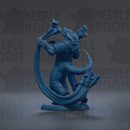 A blue figurine of a dragon-like creature with a long tail and a sword in its hand, standing on a platform against a dark background with repeated text.