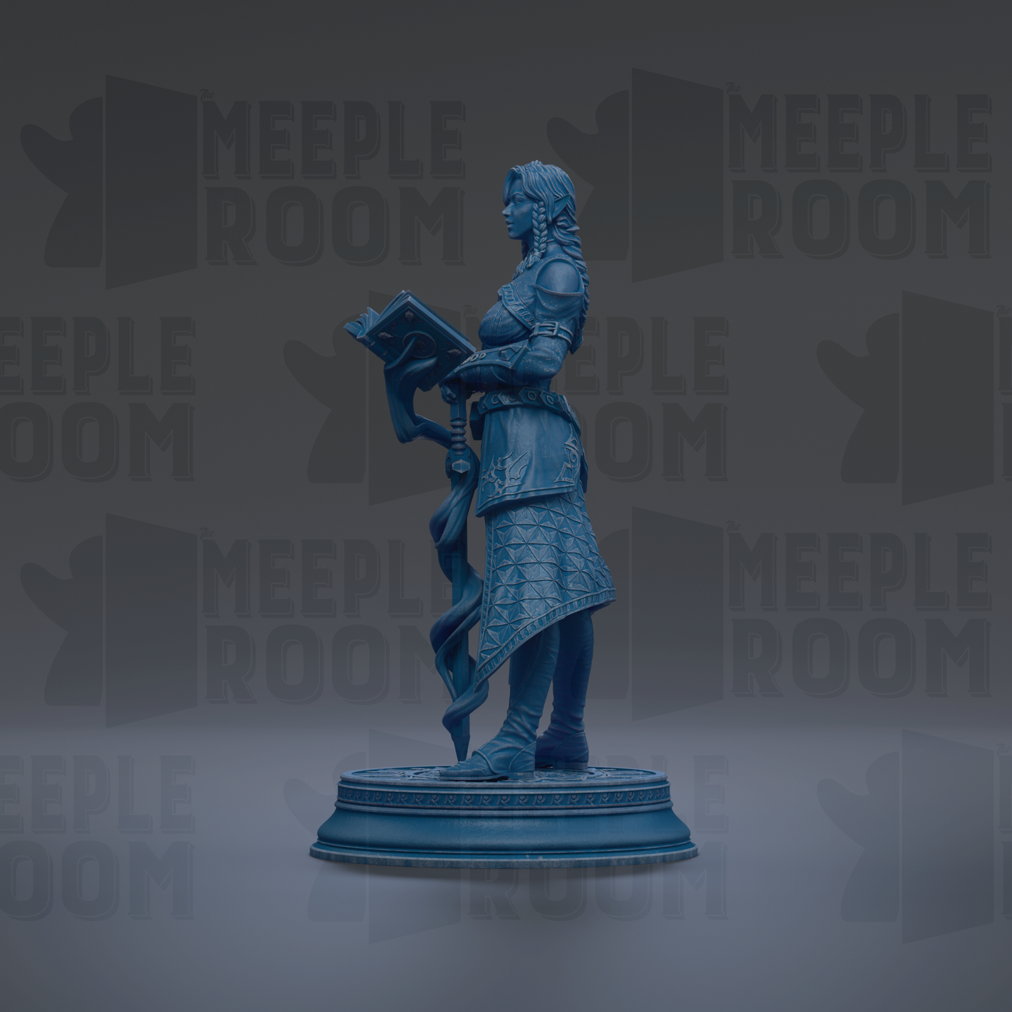 A blue statue of a woman holding a book stands on a pedestal against a dark background with repeated "MEIPLE ROOM" text.