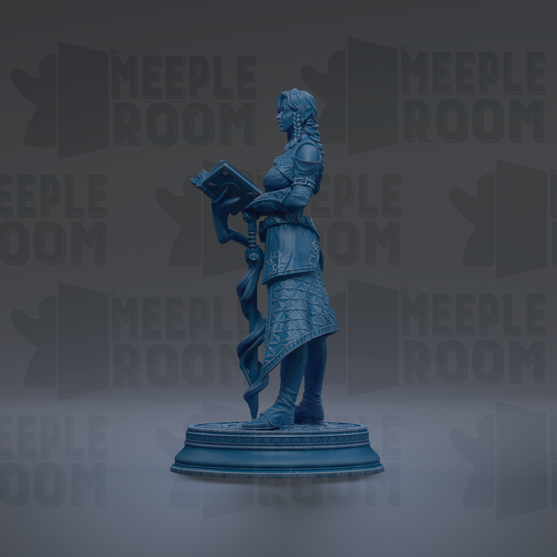 A blue statue of a woman holding a book stands on a pedestal against a dark background with repeated "MEIPLE ROOM" text.
