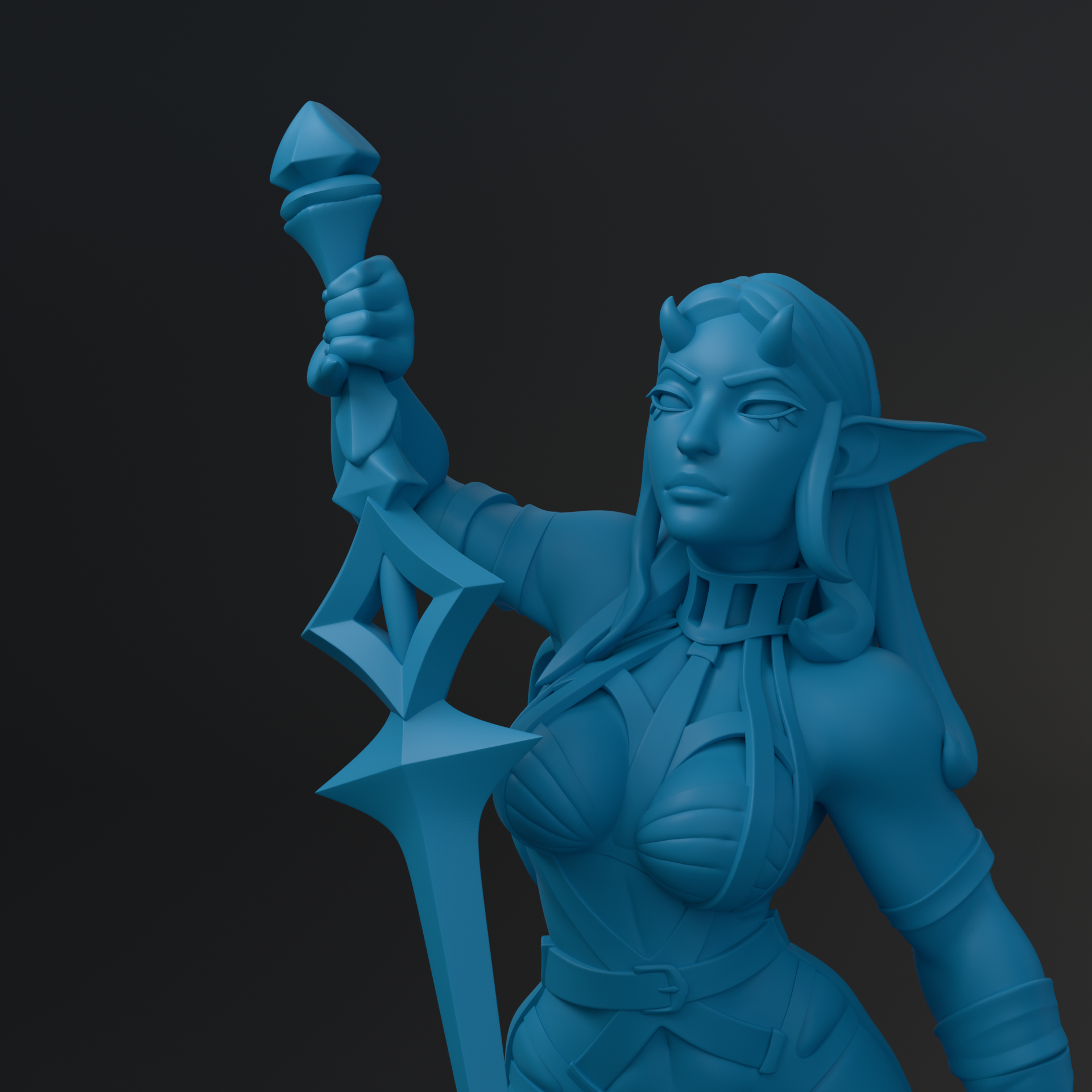 A 3D rendering of a female character with horns, holding a sword and a shield, set against a dark background.