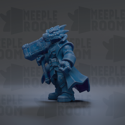 A blue, armored character with a large gun-like weapon, standing in a dark environment with the text "MEEPLE ROOM" repeated in the background.