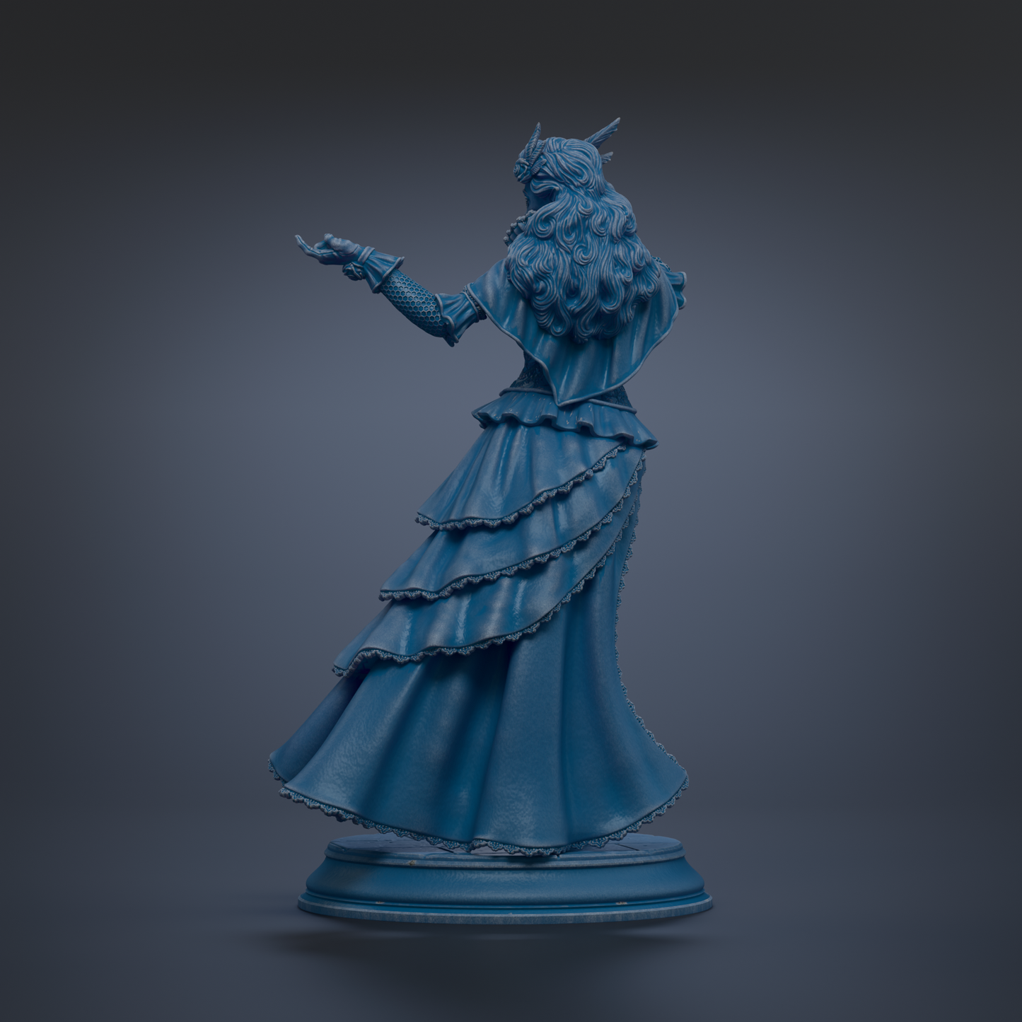 A statue of a woman with long hair and a flowing dress, standing on a pedestal and holding a weapon.