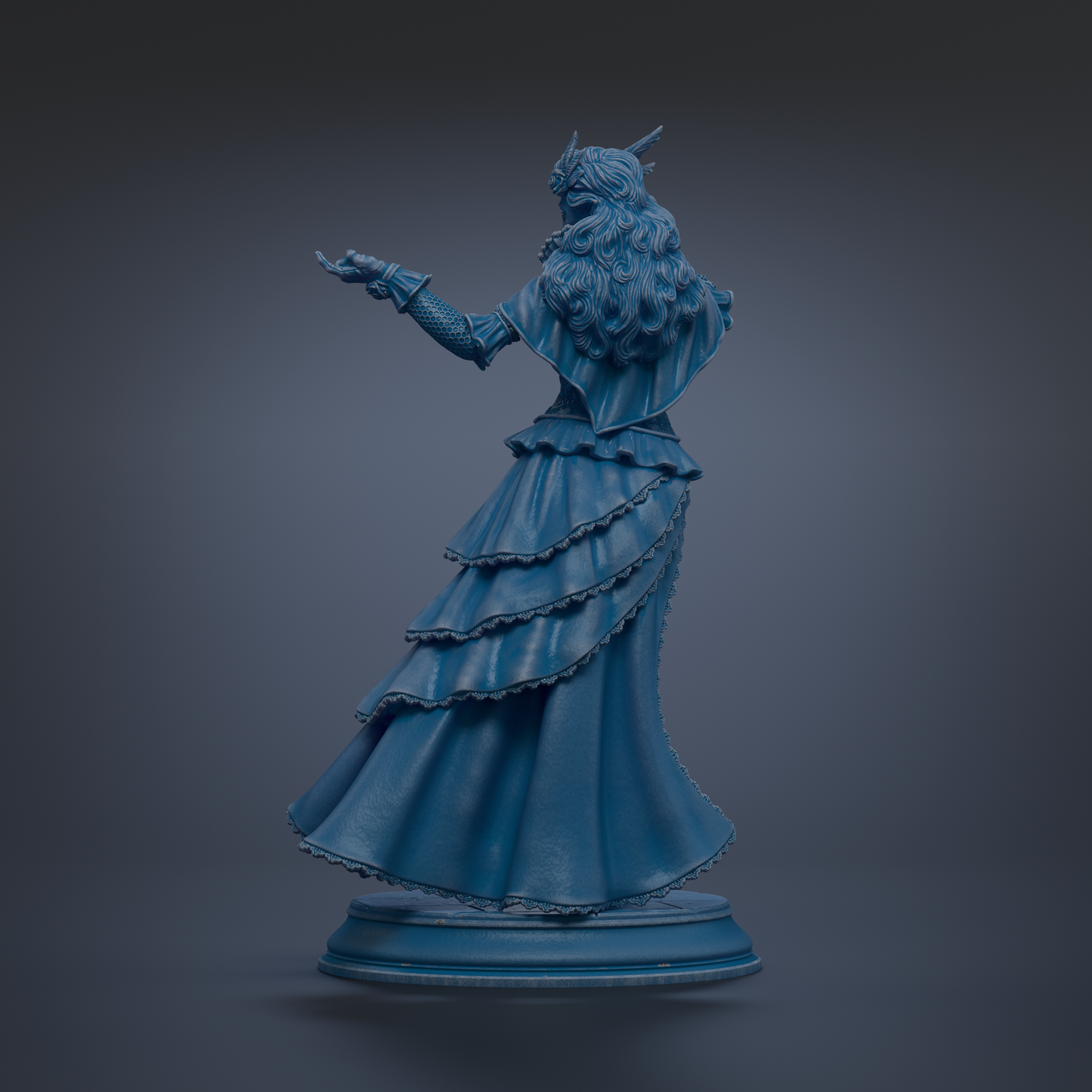 A statue of a woman with long hair and a flowing dress, standing on a pedestal and holding a weapon.