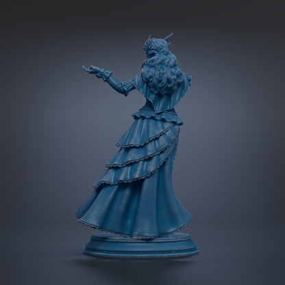 A statue of a woman with long hair and a flowing dress, standing on a pedestal and holding a weapon.