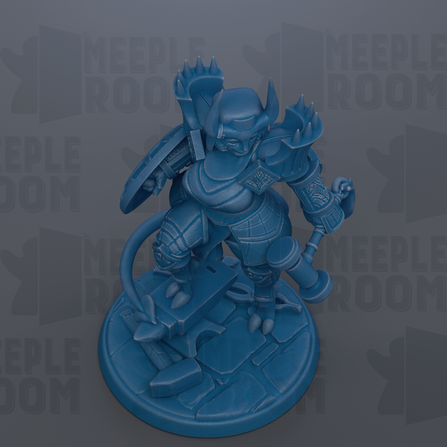 A blue figurine of a warrior standing on a platform, holding a shield and sword.
