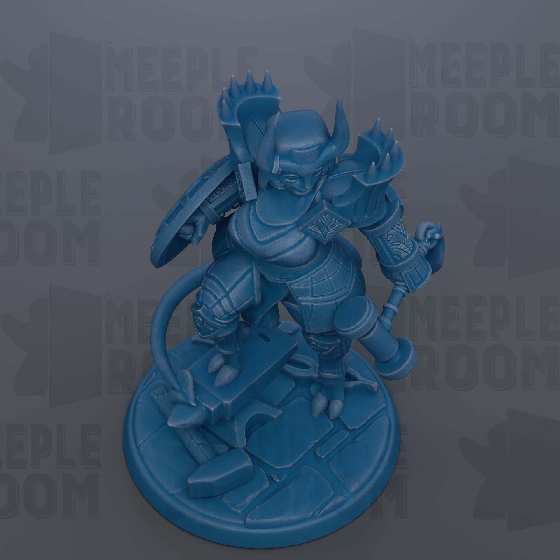 A blue figurine of a warrior standing on a platform, holding a shield and sword.