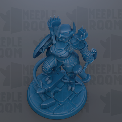 A blue figurine of a warrior standing on a platform, holding a shield and sword.