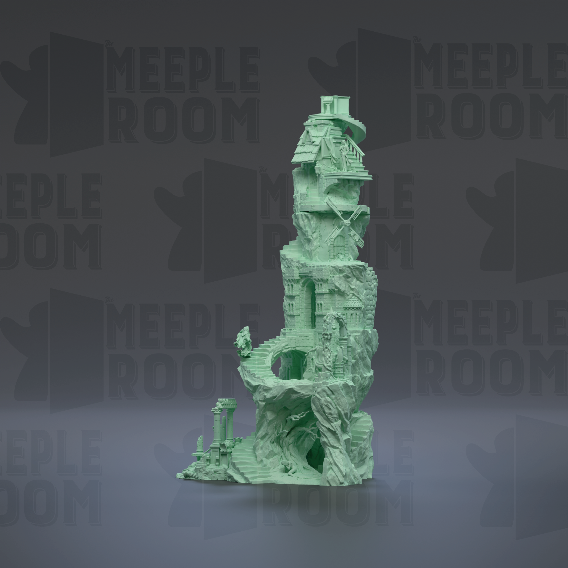 A green, 3D-rendered castle-like structure with multiple levels and staircases, set against a dark background with repeated text.