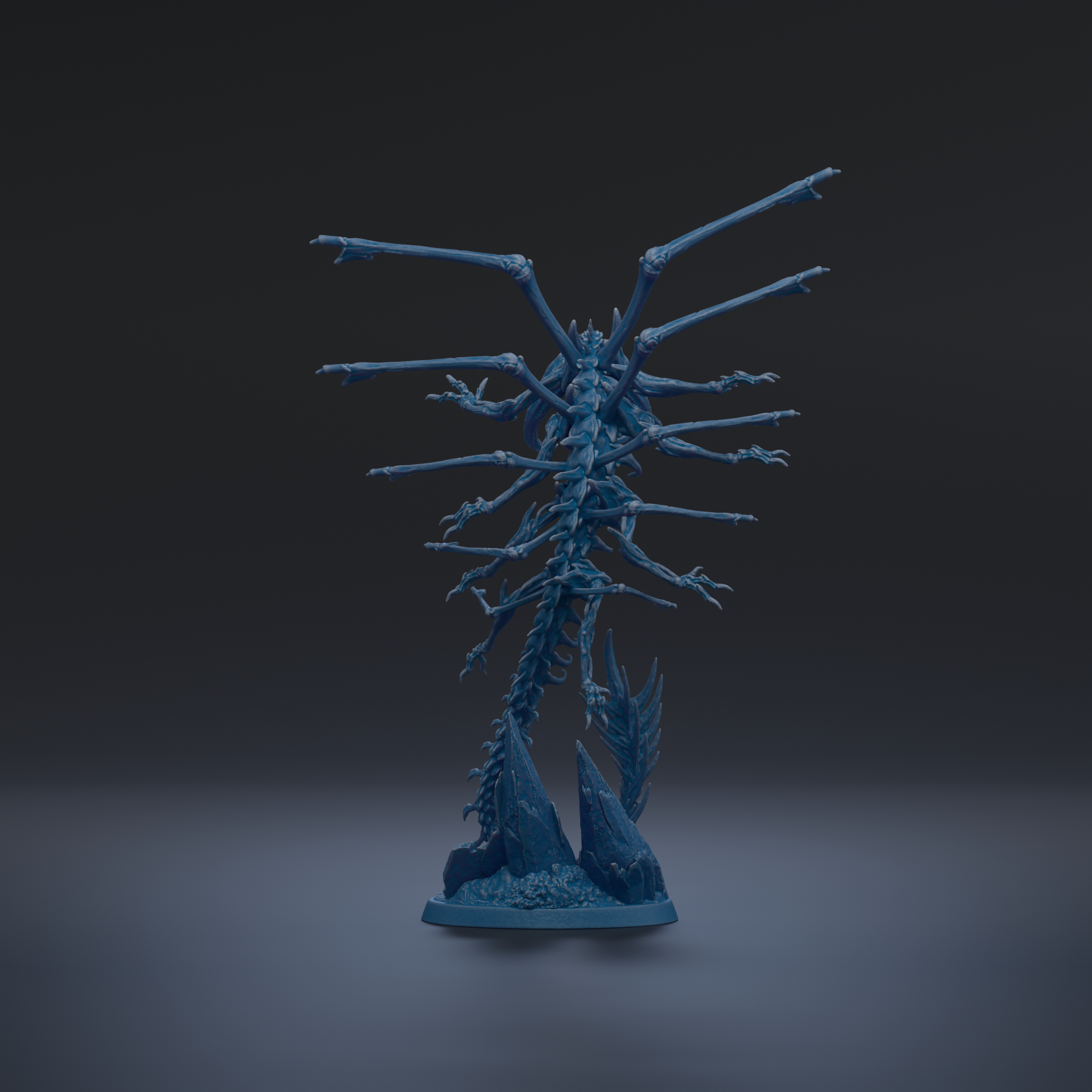 A blue, 3D-rendered figurine of a fantastical creature with multiple arms and legs, standing on a base.