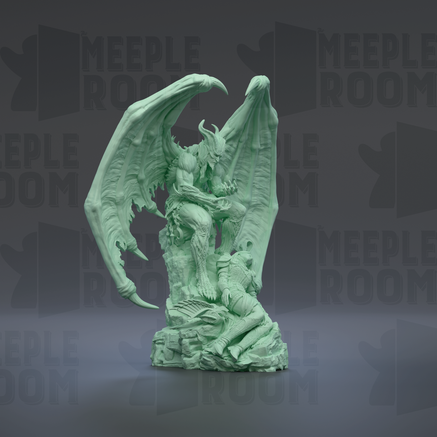 A green, winged statue of a creature with horns and claws, standing on a rock formation.