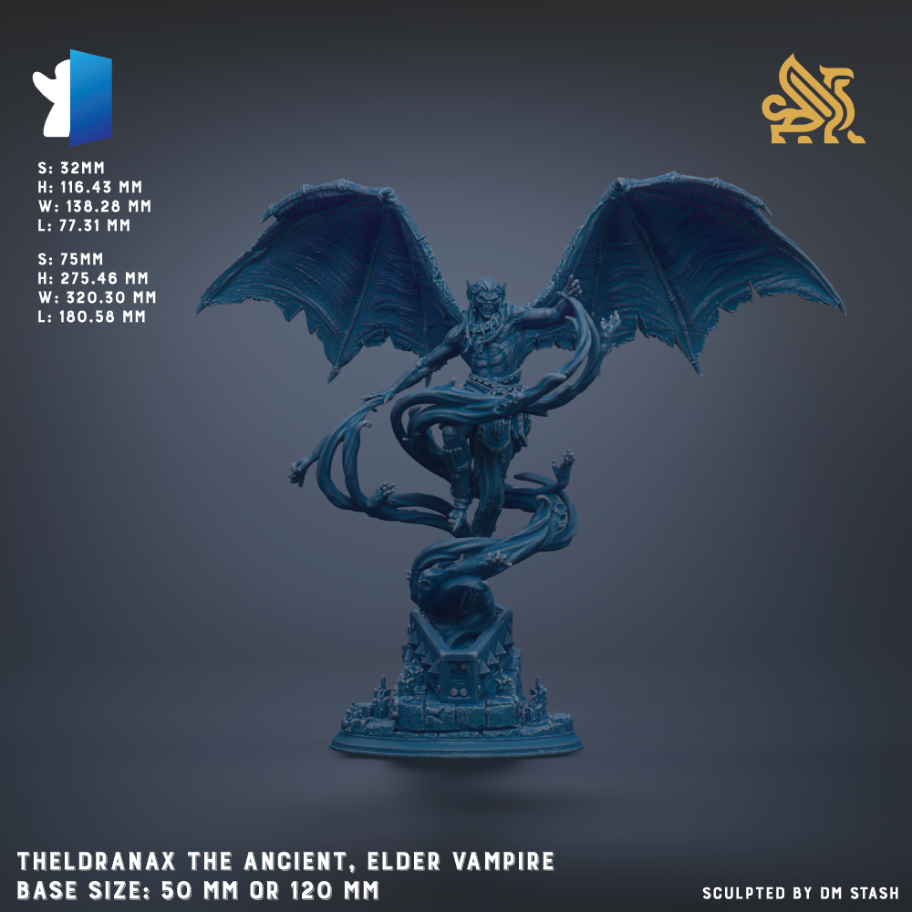 a statue of Theldranax, an ancient, elderly vampire, with wings and a flowing cape. The statue is shown in a 3D rendering, and the base size is either 50 mm or 120 mm.