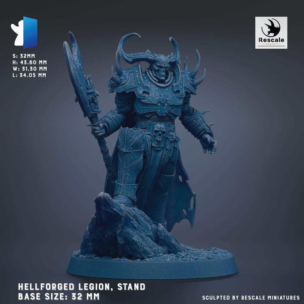 A 3D rendering of a Hellforged Legion, a stand-alone character from the video game Rescale. The character is armored and wielding a sword, standing on a rocky base. The base sizes are 32 mm.
