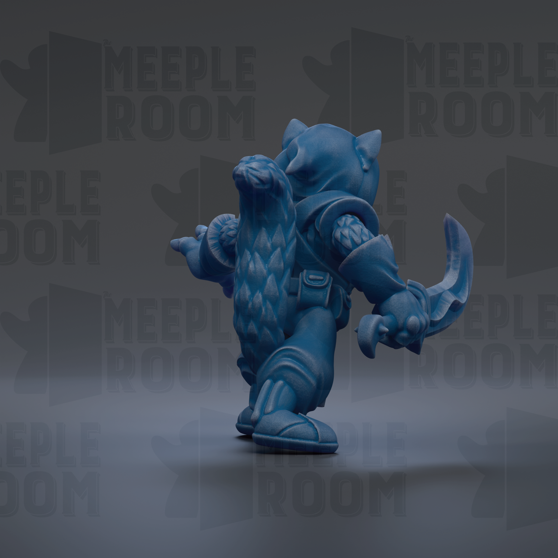 A blue, furry creature with a pointed hat and sword stands in the center of the image against a dark background with repeated text.