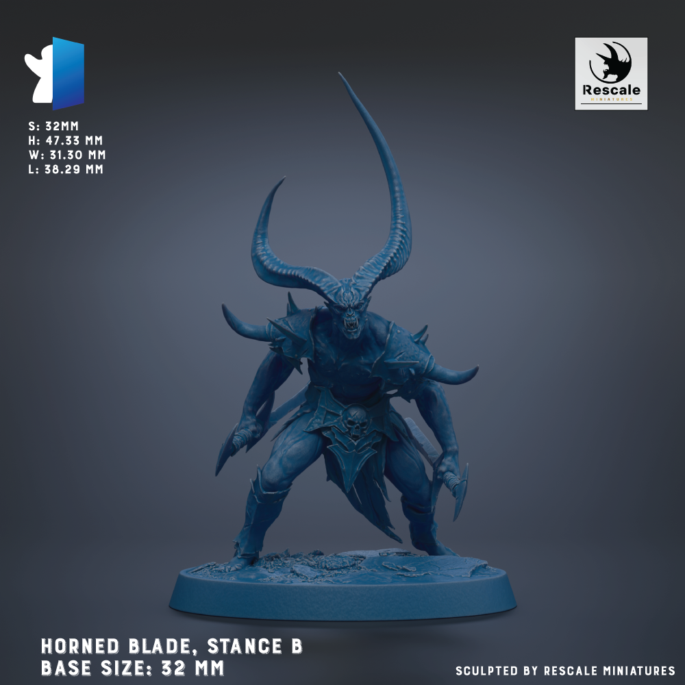 a detailed figurine of a horned blade, known as the Stance B, with a base size of 32 mm.