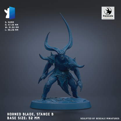 a detailed figurine of a horned blade, known as the Stance B, with a base size of 32 mm.