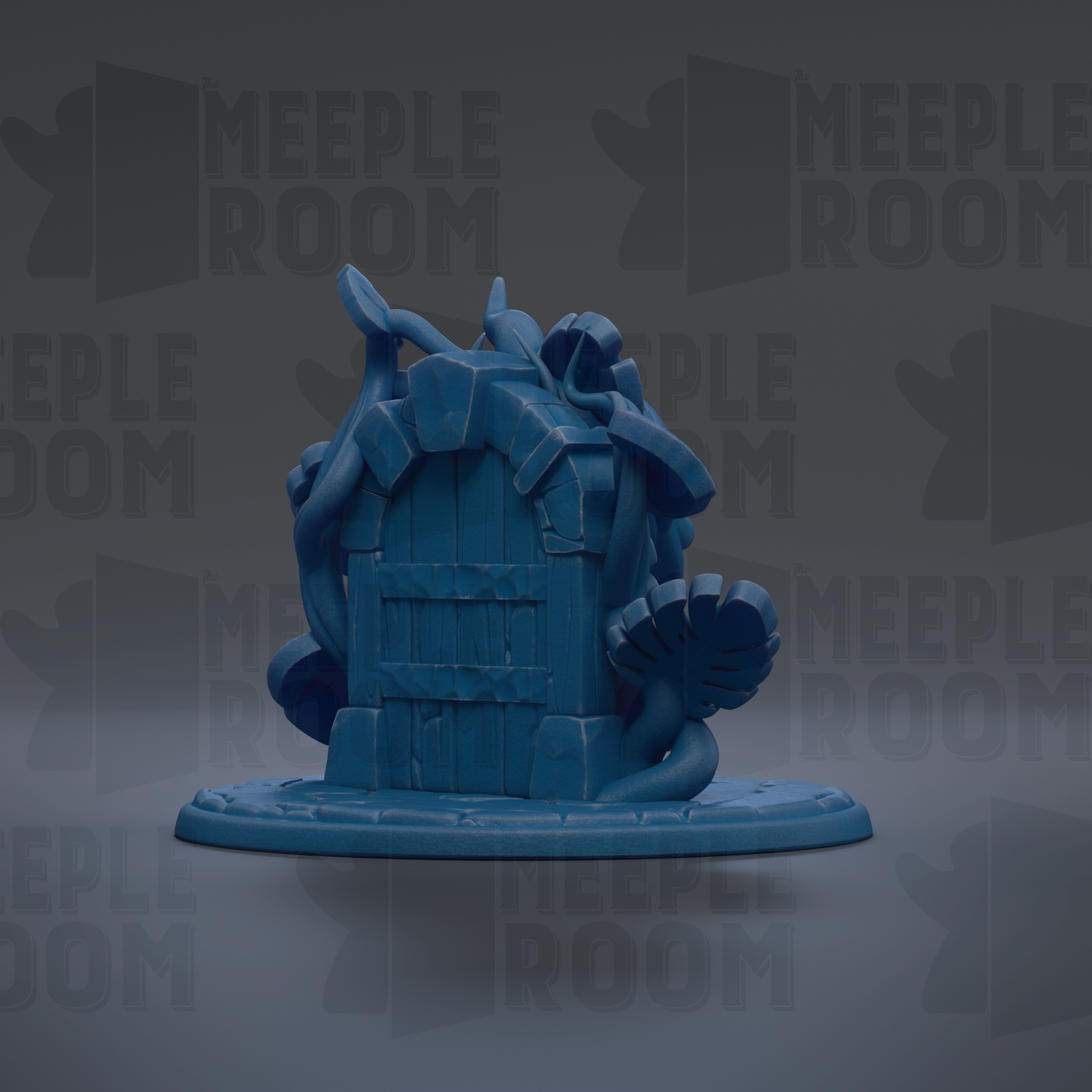 A blue, 3D-rendered figurine of a house-like structure with a door and a window, set against a dark background with repeated text.