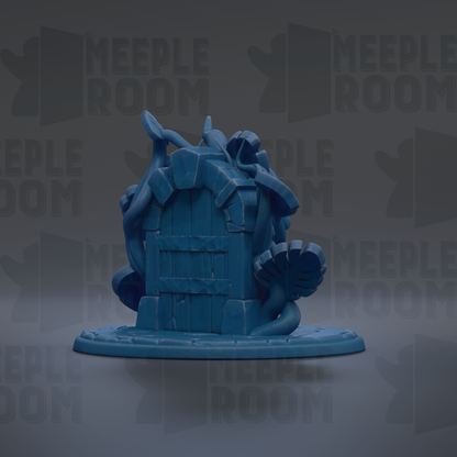 A blue, 3D-rendered figurine of a house-like structure with a door and a window, set against a dark background with repeated text.