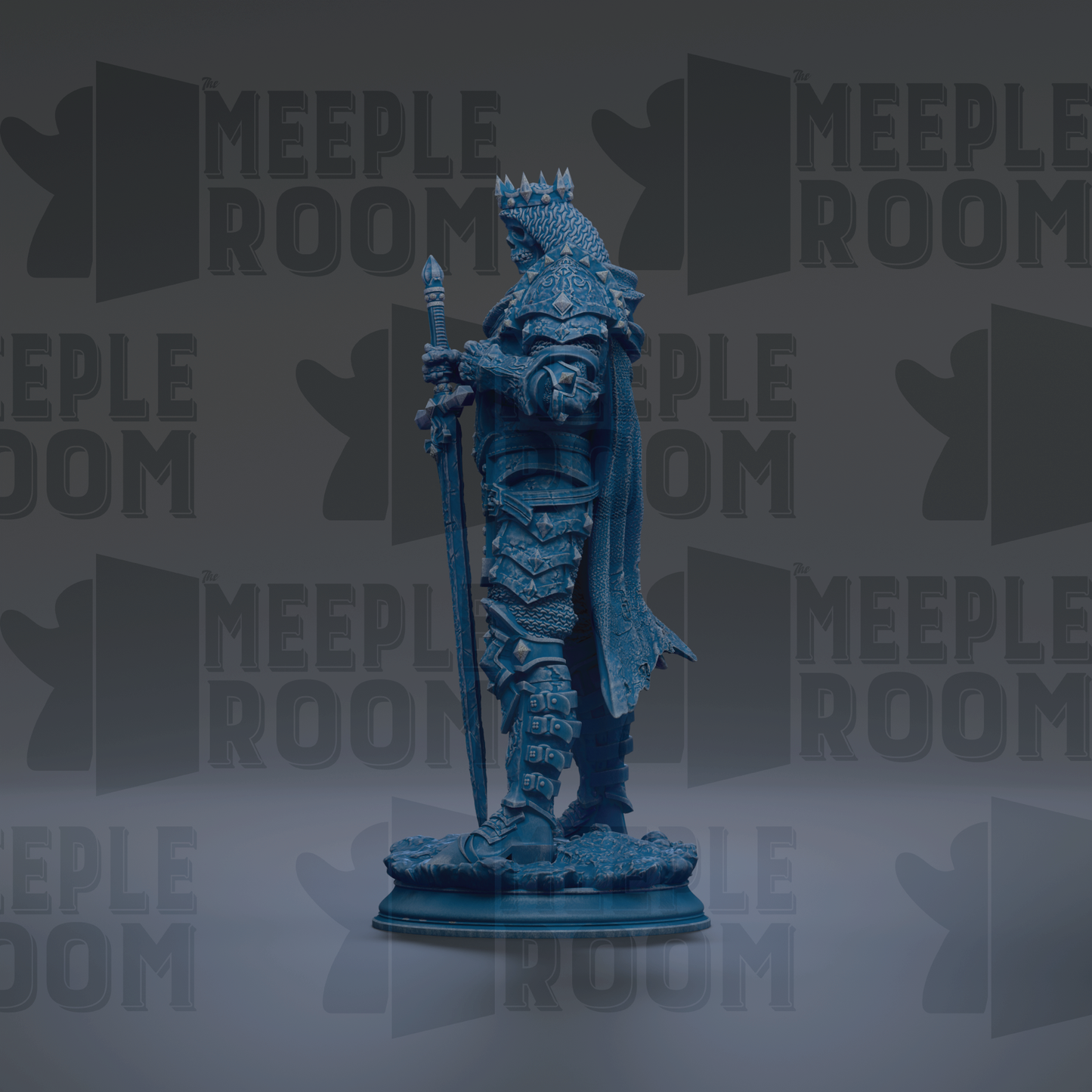 A blue statue of a knight holding a sword and shield, standing on a pedestal against a dark background with repeated text.